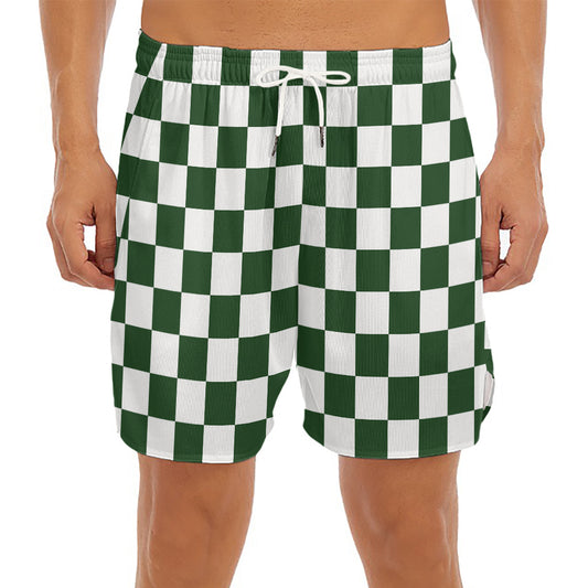 Forest Green And White Checkered Print Men's Split Running Shorts