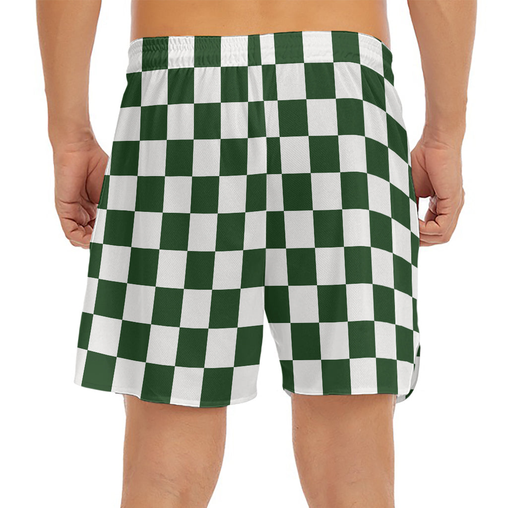 Forest Green And White Checkered Print Men's Split Running Shorts