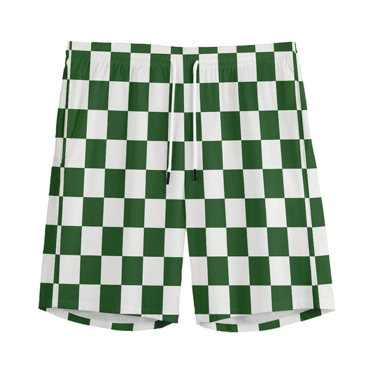 Forest Green And White Checkered Print Men's Sports Shorts