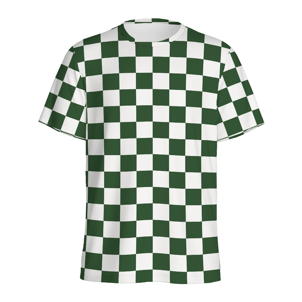 Forest Green And White Checkered Print Men's Sports T-Shirt