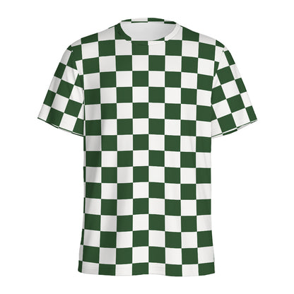Forest Green And White Checkered Print Men's Sports T-Shirt