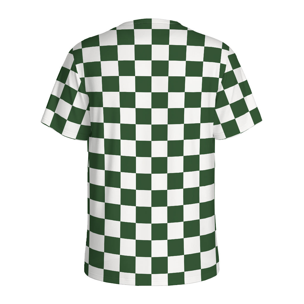 Forest Green And White Checkered Print Men's Sports T-Shirt