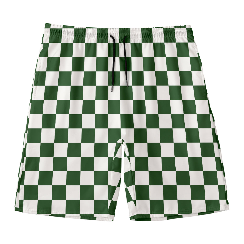 Forest Green And White Checkered Print Men's Swim Trunks
