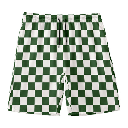 Forest Green And White Checkered Print Men's Swim Trunks