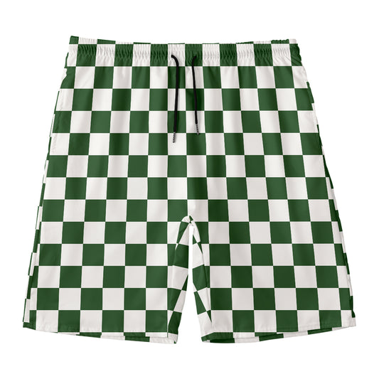 Forest Green And White Checkered Print Men's Swim Trunks