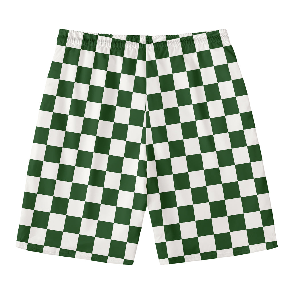 Forest Green And White Checkered Print Men's Swim Trunks
