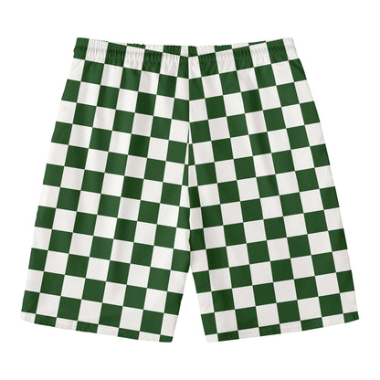 Forest Green And White Checkered Print Men's Swim Trunks