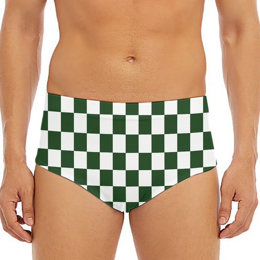 Forest Green And White Checkered Print Men's Triangle Swim Briefs