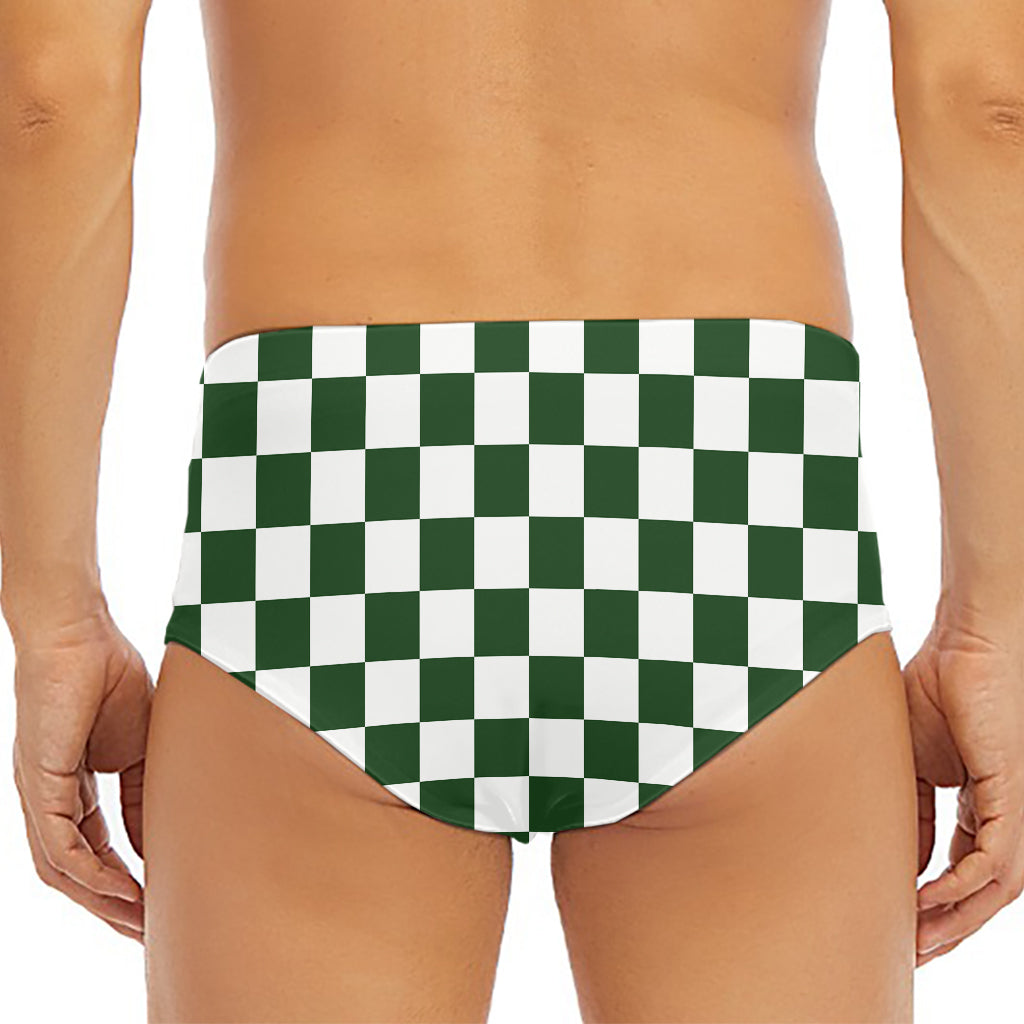 Forest Green And White Checkered Print Men's Triangle Swim Briefs