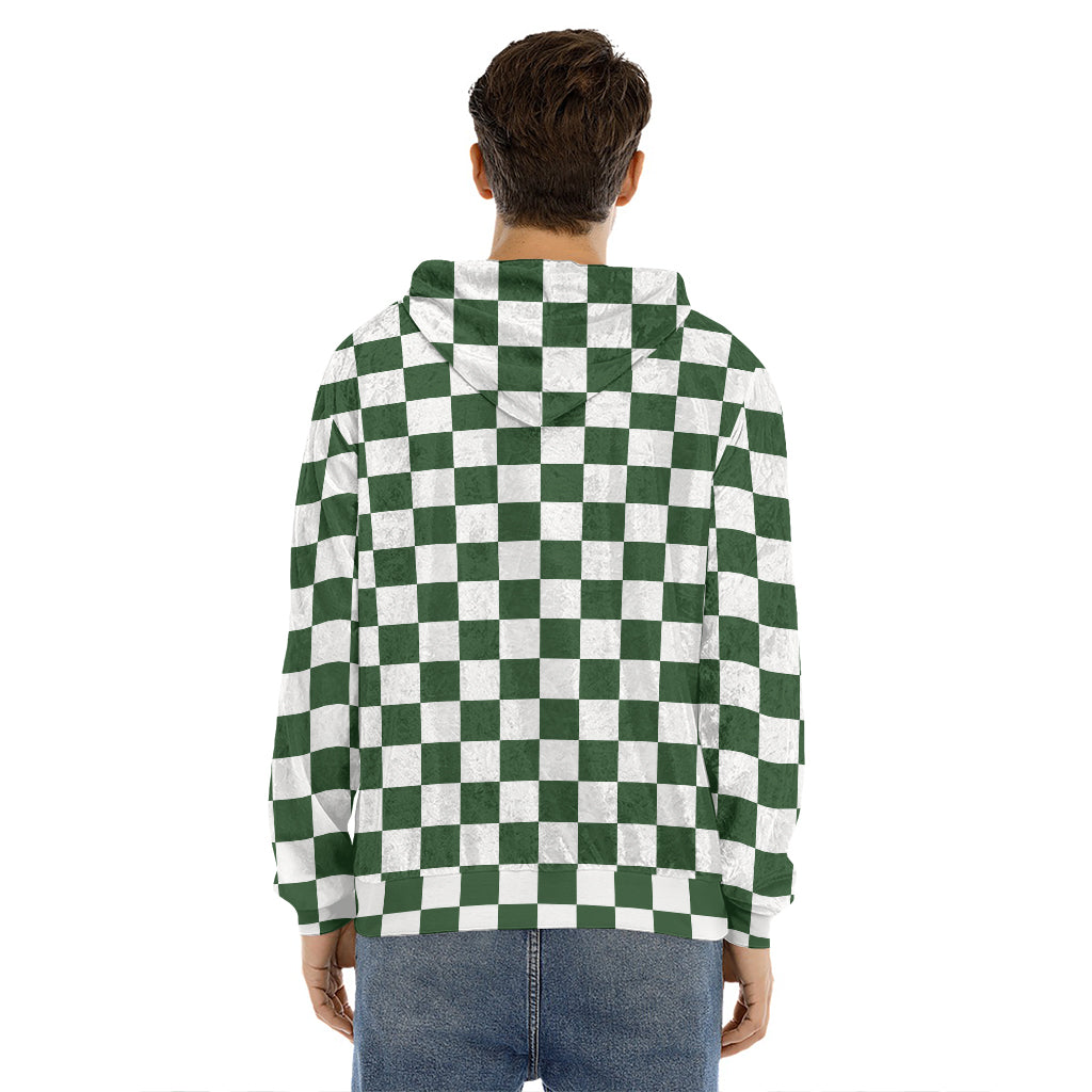 Forest Green And White Checkered Print Men's Velvet Pullover Hoodie
