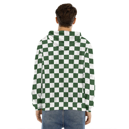 Forest Green And White Checkered Print Men's Velvet Pullover Hoodie