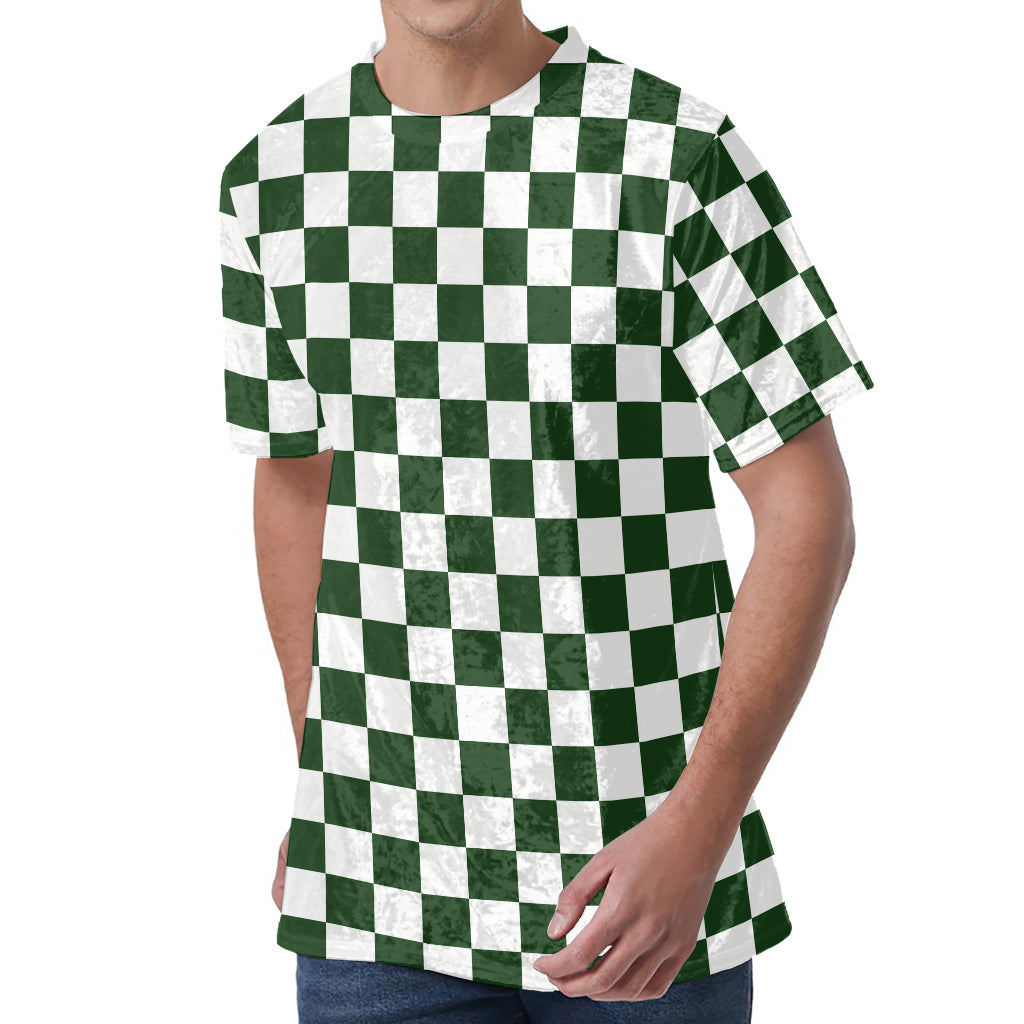 Forest Green And White Checkered Print Men's Velvet T-Shirt