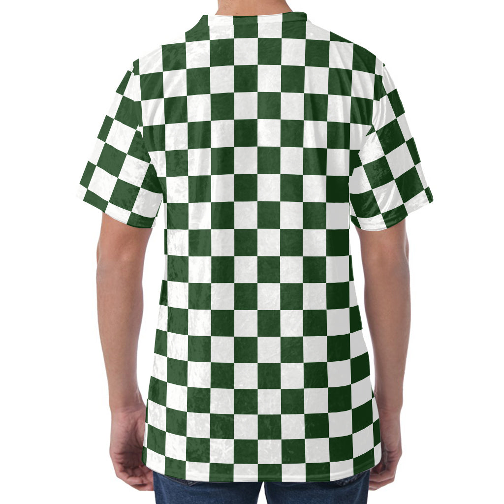 Forest Green And White Checkered Print Men's Velvet T-Shirt