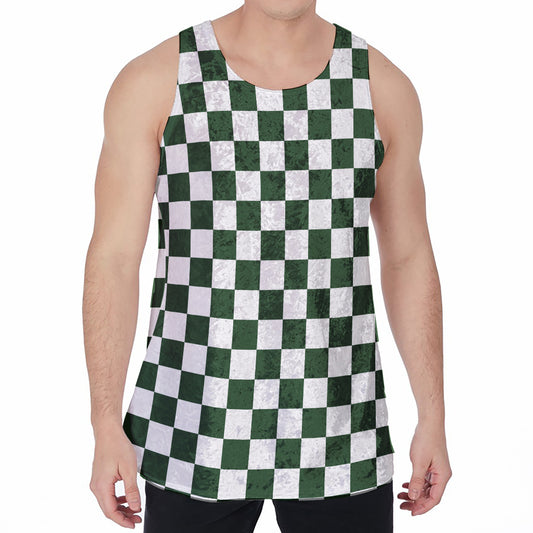 Forest Green And White Checkered Print Men's Velvet Tank Top