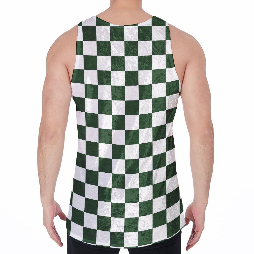 Forest Green And White Checkered Print Men's Velvet Tank Top