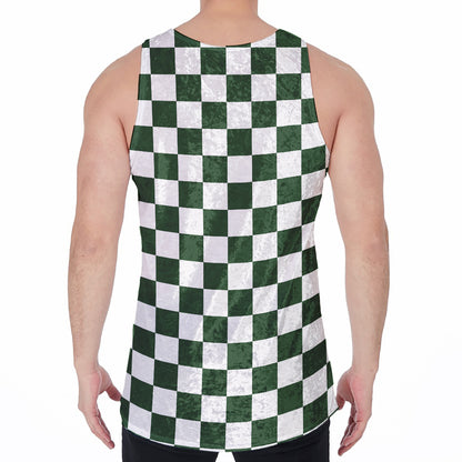 Forest Green And White Checkered Print Men's Velvet Tank Top