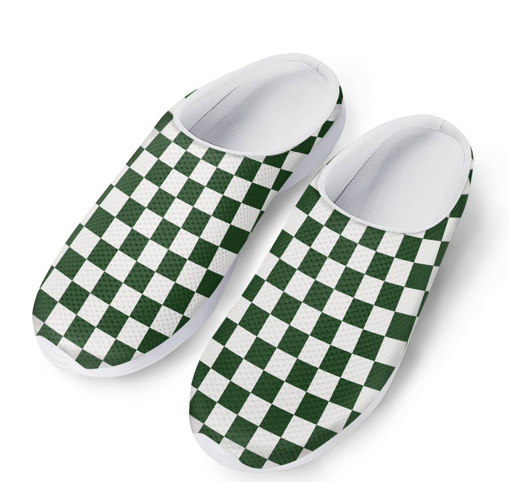 Forest Green And White Checkered Print Mesh Casual Shoes