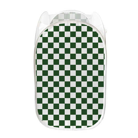 Forest Green And White Checkered Print Mesh Laundry Hamper