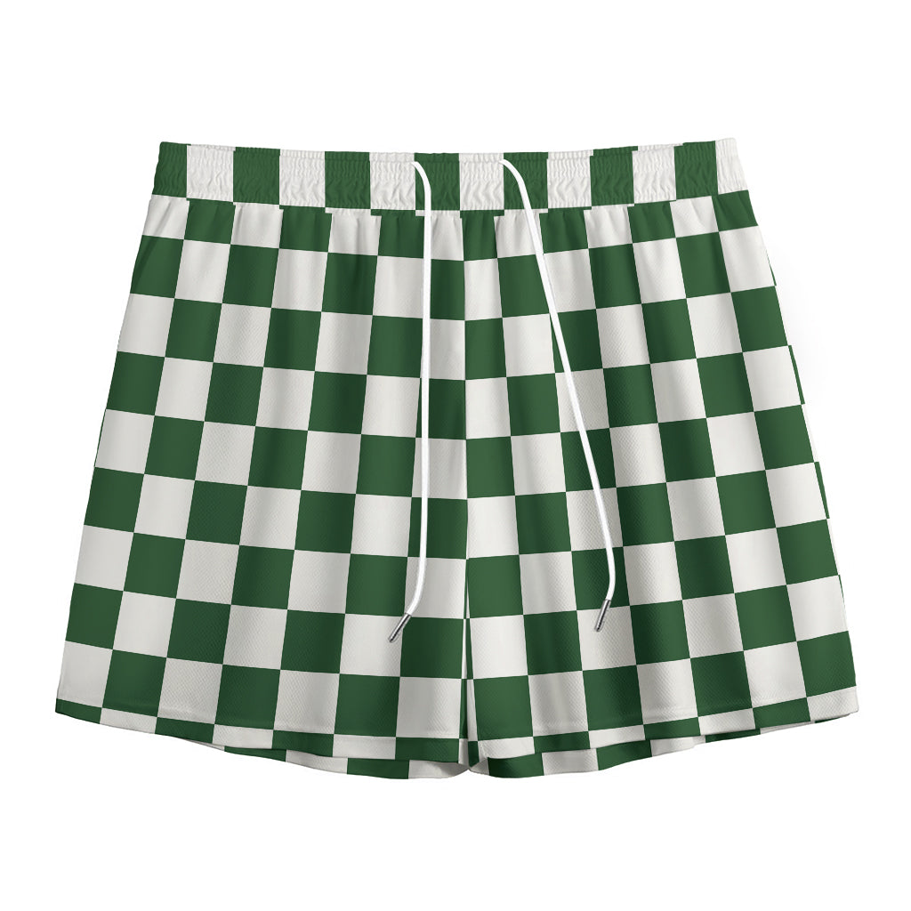 Forest Green And White Checkered Print Mesh Shorts