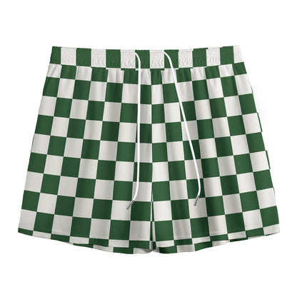 Forest Green And White Checkered Print Mesh Shorts
