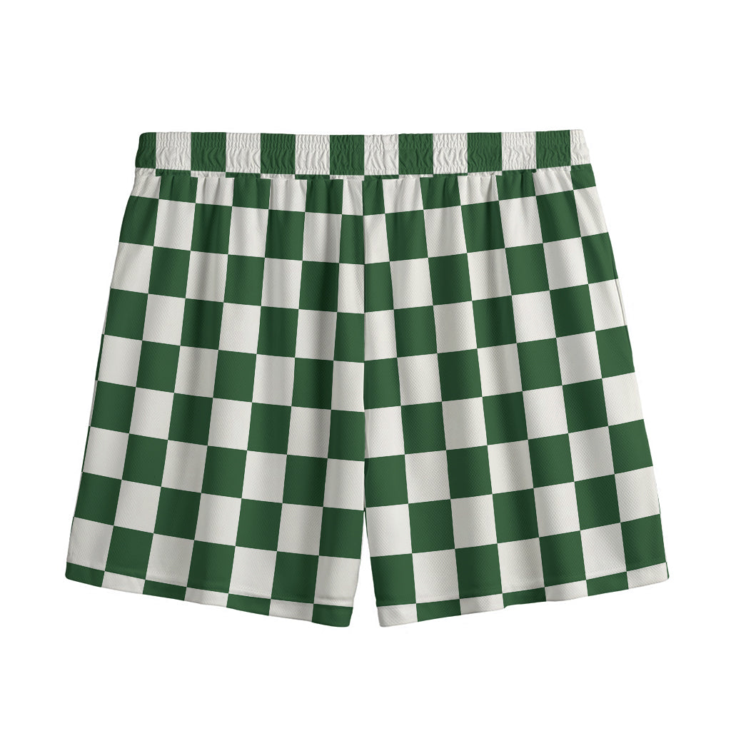 Forest Green And White Checkered Print Mesh Shorts
