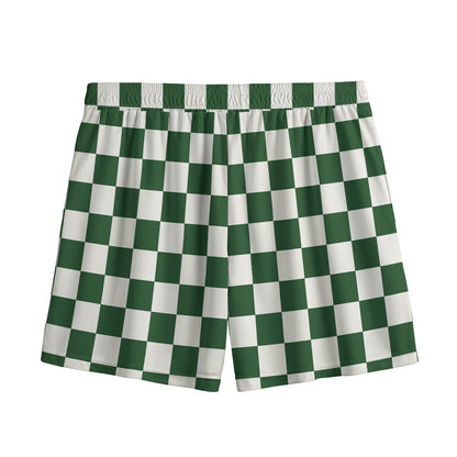 Forest Green And White Checkered Print Mesh Shorts