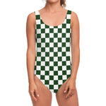 Forest Green And White Checkered Print One Piece Swimsuit