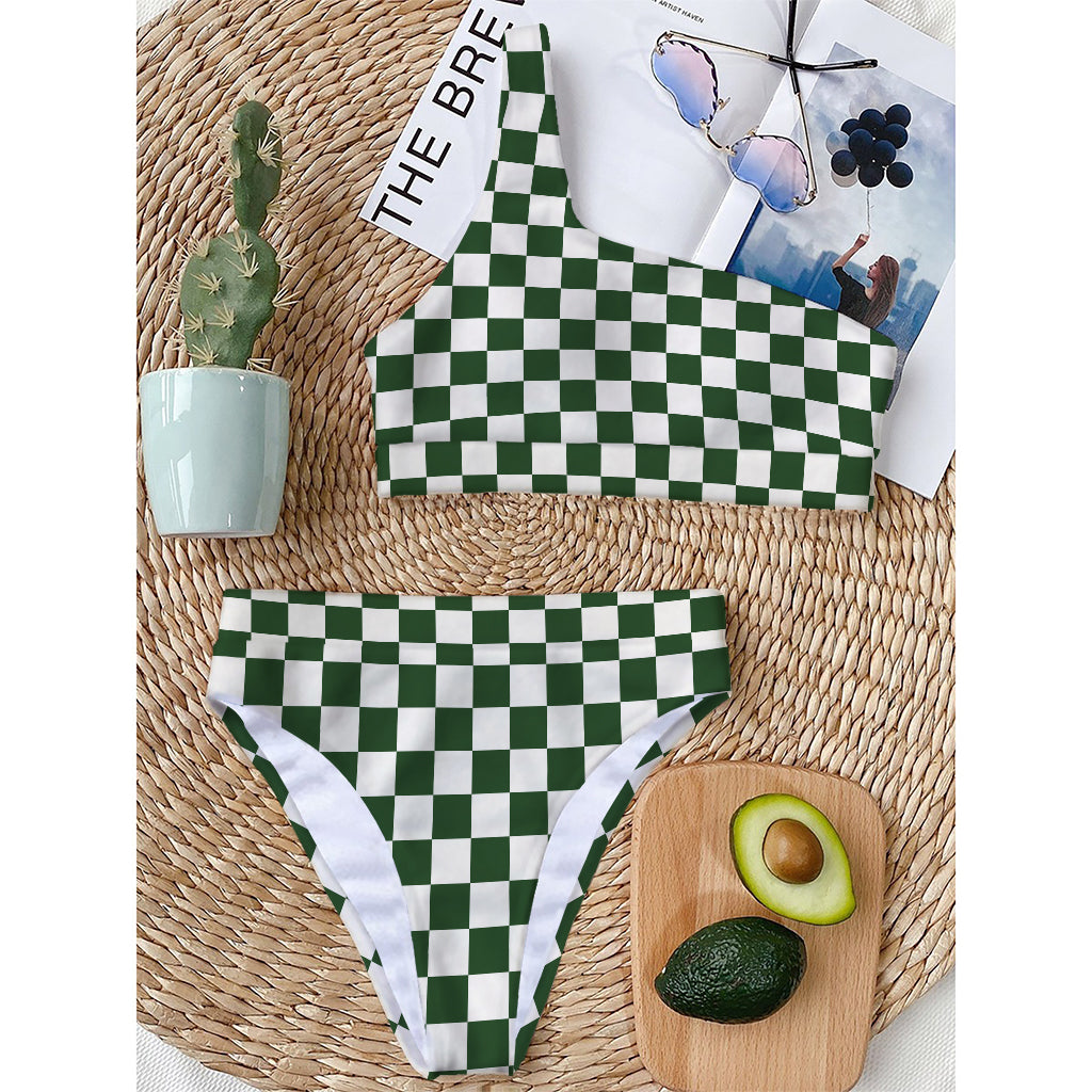 Forest Green And White Checkered Print One Shoulder Bikini Top