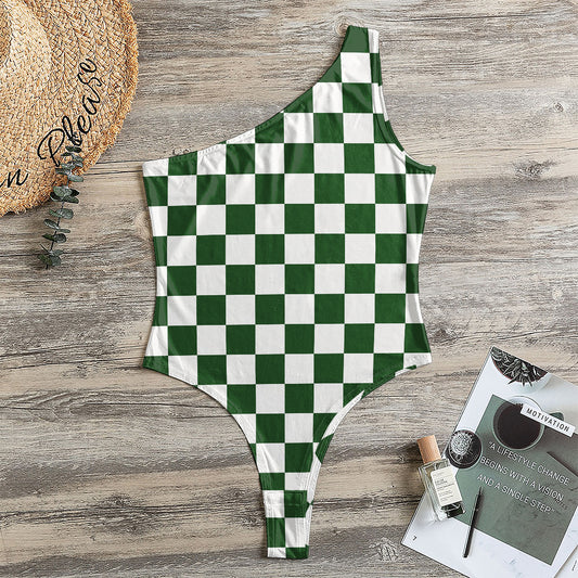 Forest Green And White Checkered Print One Shoulder Bodysuit