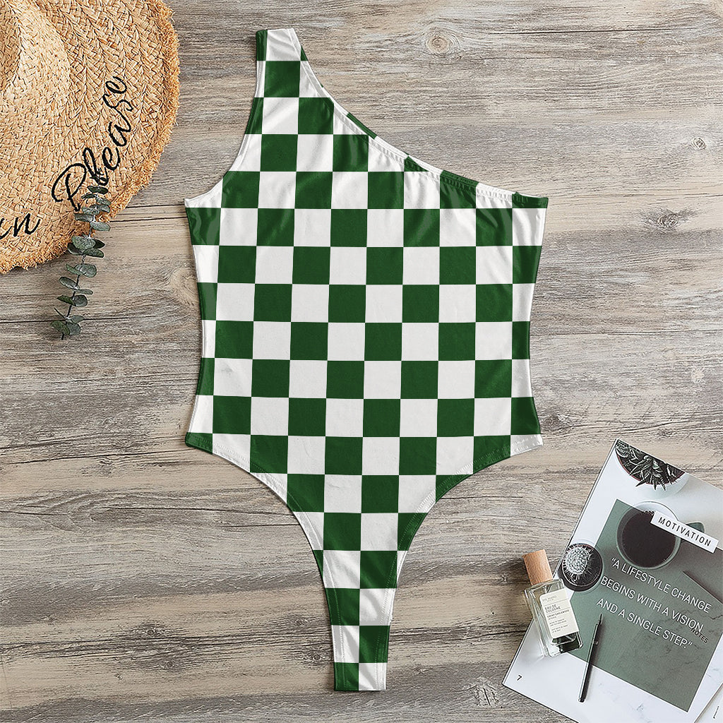 Forest Green And White Checkered Print One Shoulder Bodysuit