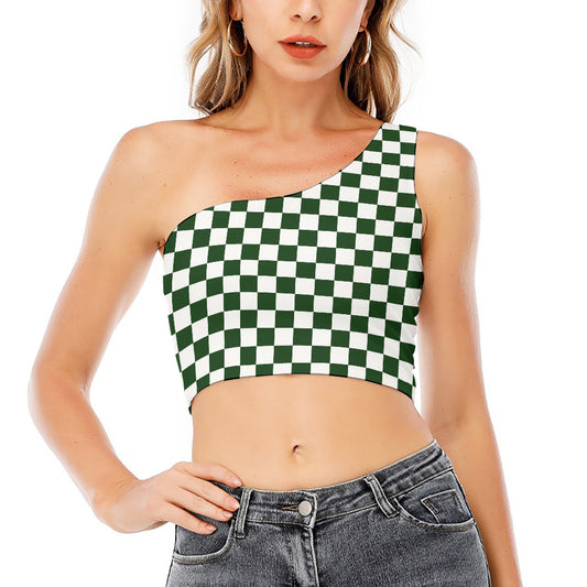 Forest Green And White Checkered Print One Shoulder Crop Top