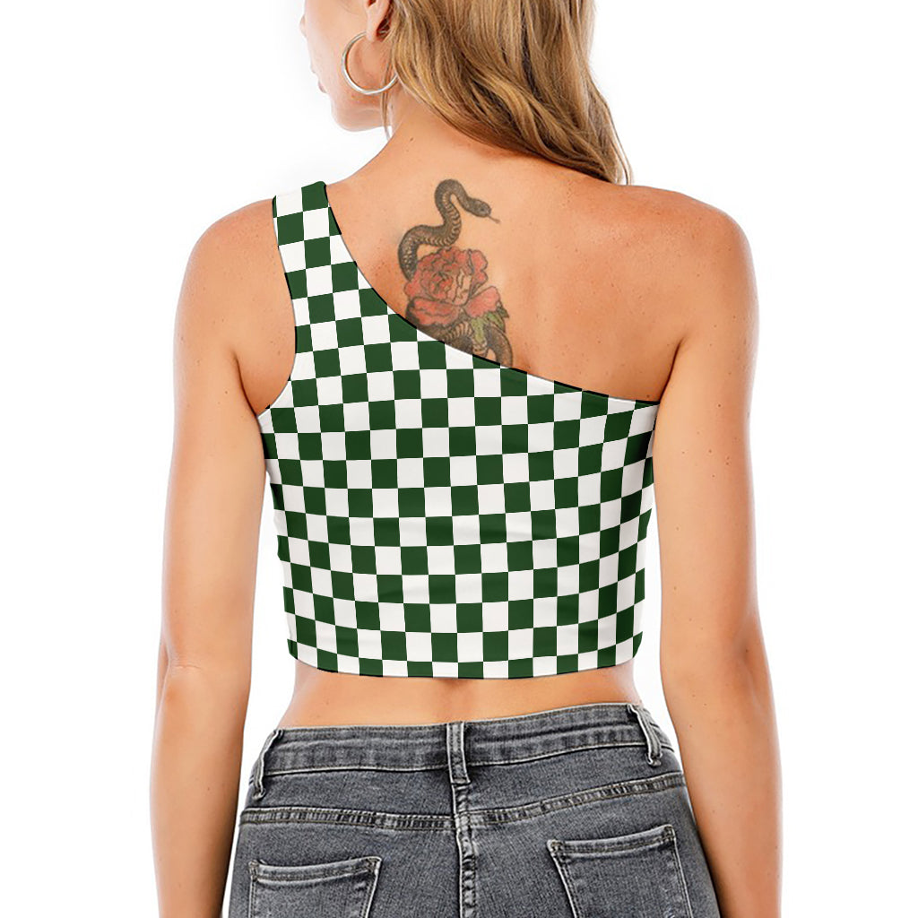 Forest Green And White Checkered Print One Shoulder Crop Top