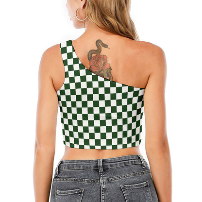 Forest Green And White Checkered Print One Shoulder Crop Top