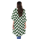 Forest Green And White Checkered Print Open Front Beach Cover Up
