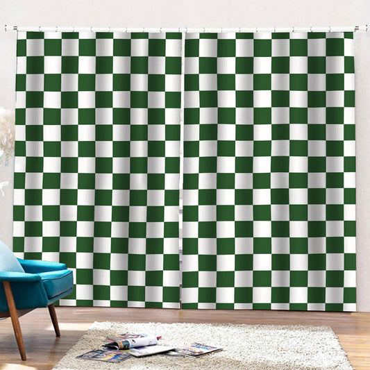 Forest Green And White Checkered Print Pencil Pleat Curtains