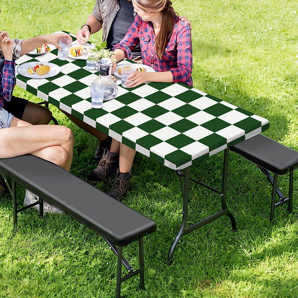 Forest Green And White Checkered Print Picnic Table Cover