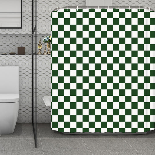 Forest Green And White Checkered Print Polyester Shower Curtain