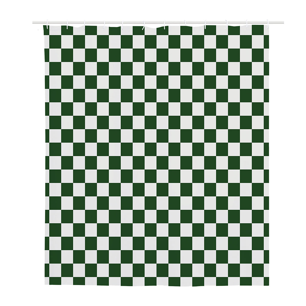 Forest Green And White Checkered Print Polyester Shower Curtain