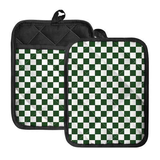 Forest Green And White Checkered Print Pot Holders With Pocket