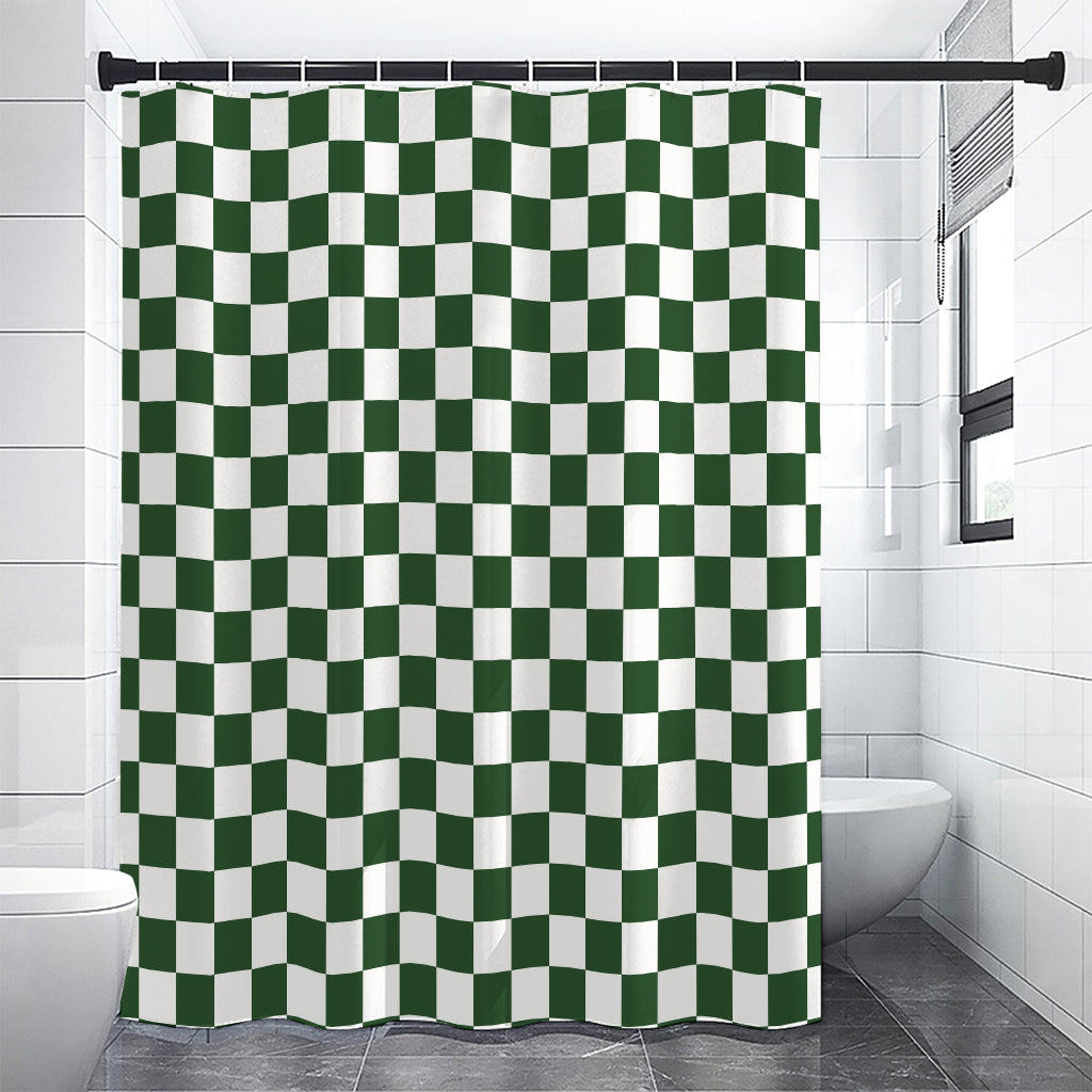 Forest Green And White Checkered Print Premium Shower Curtain