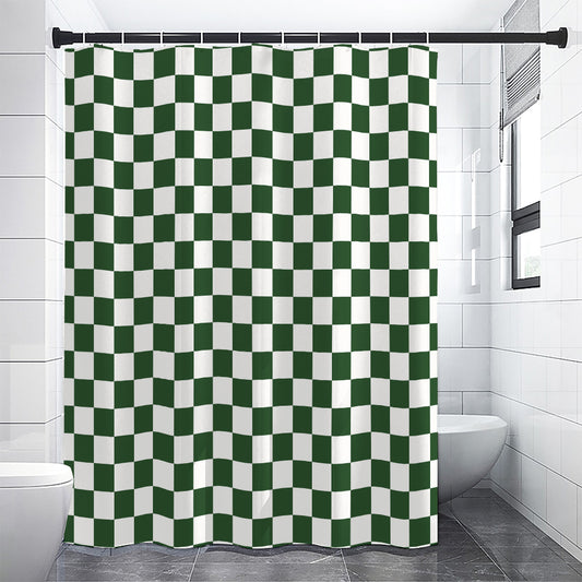 Forest Green And White Checkered Print Premium Shower Curtain