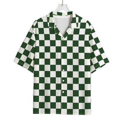 Forest Green And White Checkered Print Rayon Hawaiian Shirt