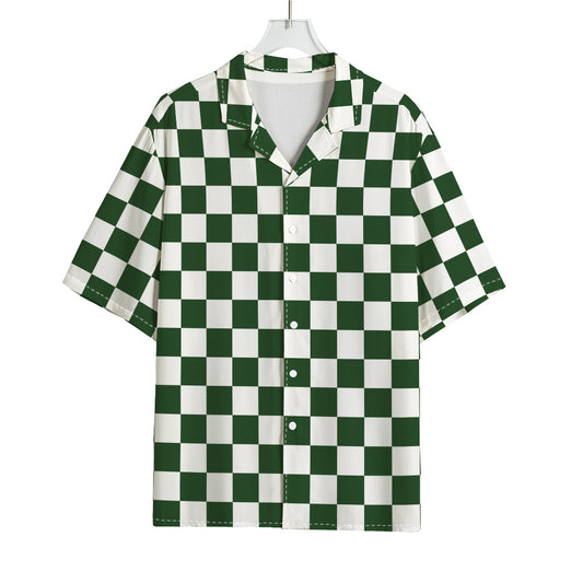 Forest Green And White Checkered Print Rayon Hawaiian Shirt