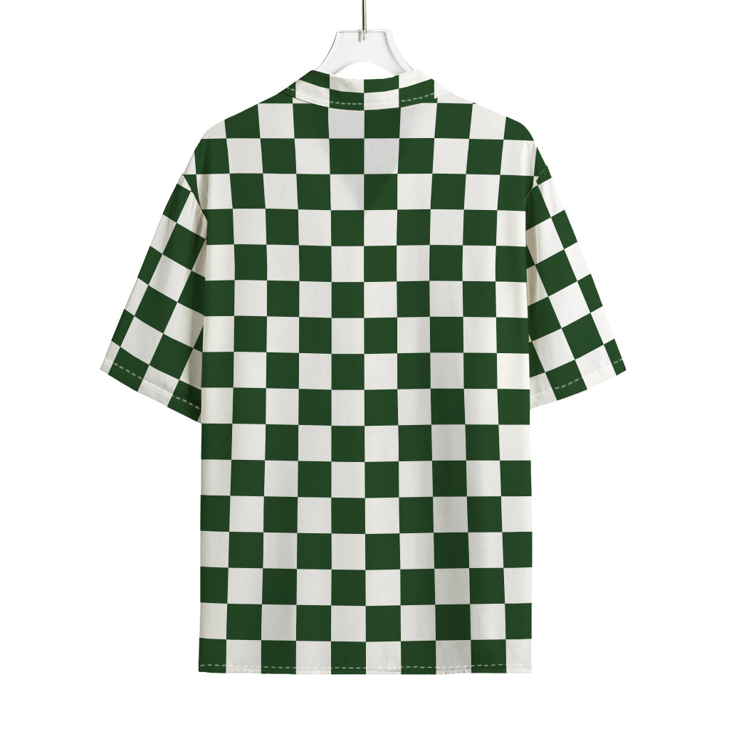 Forest Green And White Checkered Print Rayon Hawaiian Shirt