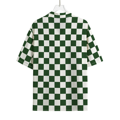 Forest Green And White Checkered Print Rayon Hawaiian Shirt