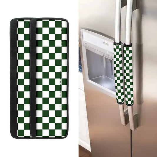 Forest Green And White Checkered Print Refrigerator Handle Covers