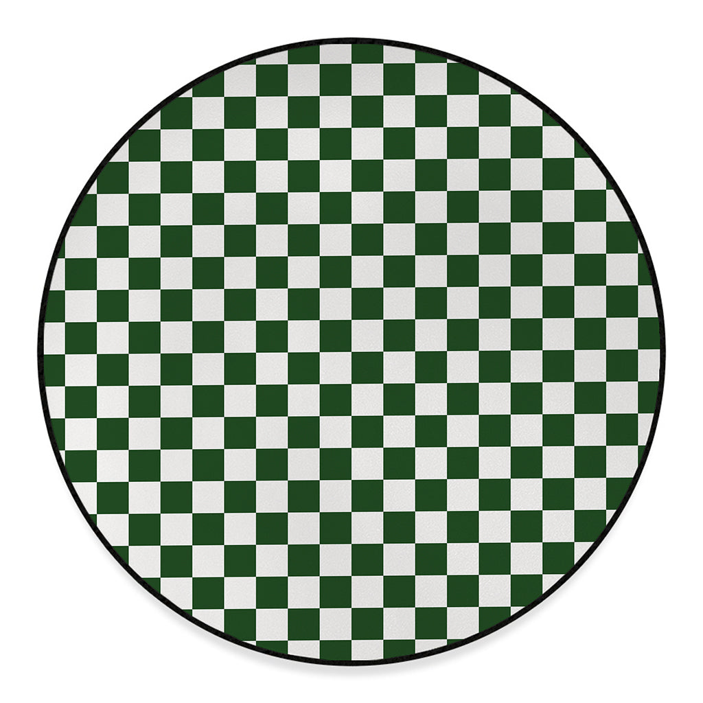 Forest Green And White Checkered Print Round Floor Mat