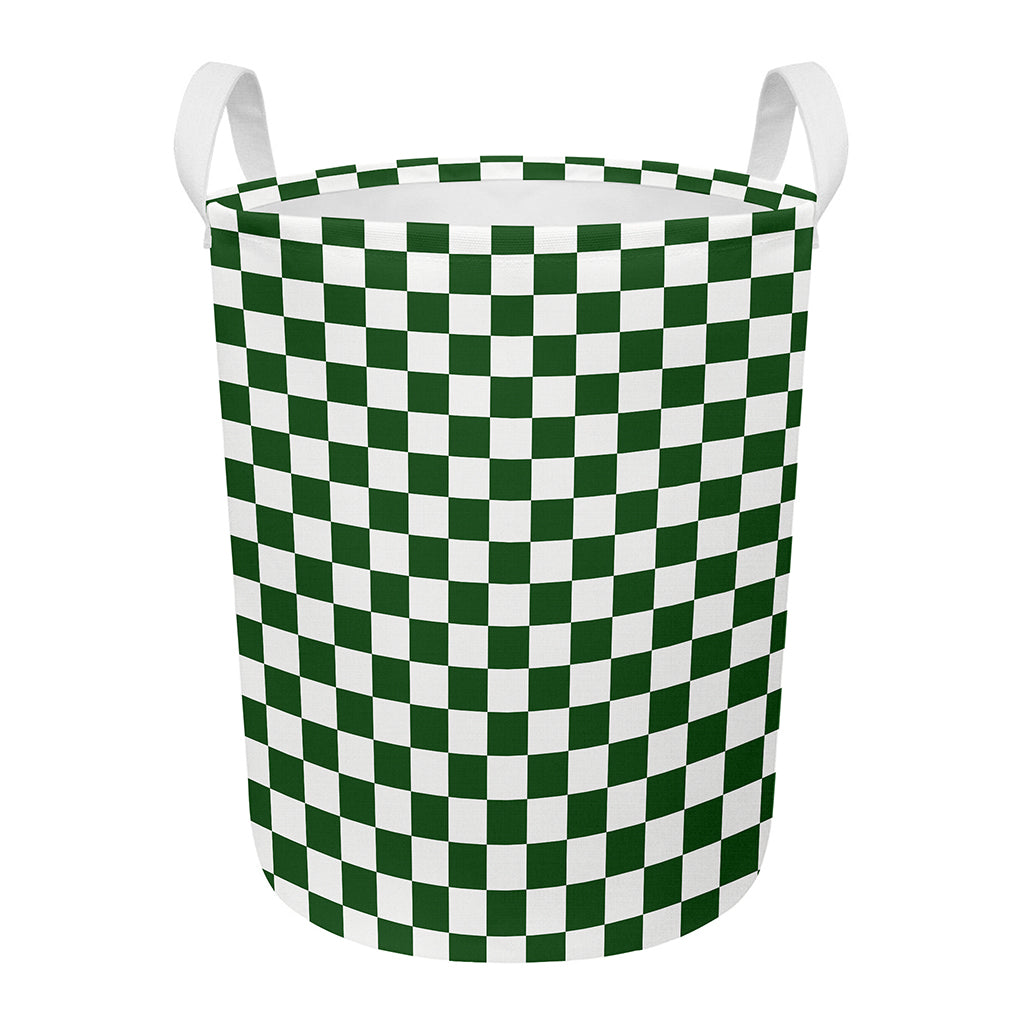 Forest Green And White Checkered Print Round Laundry Basket