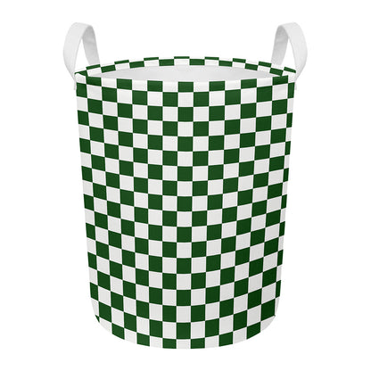 Forest Green And White Checkered Print Round Laundry Basket