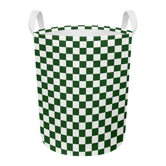 Forest Green And White Checkered Print Round Laundry Basket